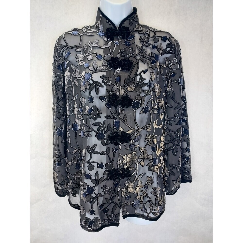 Anis A Velvet Burnout Blouse Women S Silk Floral Black Asian Inspired Frog Clasp - Picture 2 of 16